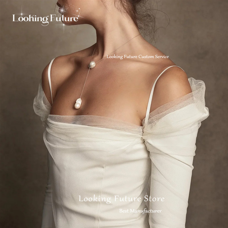 Aangepaste elegante tule rechte trouwjurken off-shoulder plooi lange mouwen bruidsjurken sexy strapless backless vetersluiting