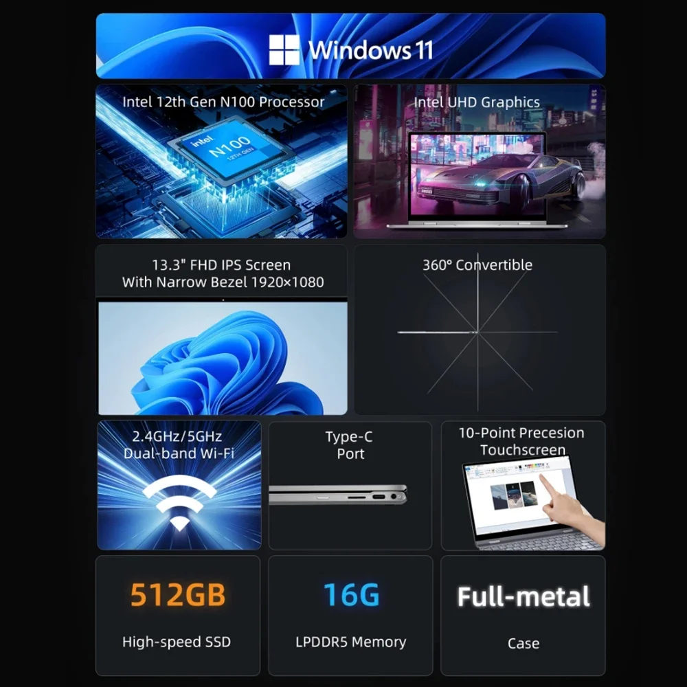 Przenośny Y13PRO360 °,ordinateur portable Windows11,16Go de RAM,LPDDR5,13.3Go SSD,512x1920 IPS,Intel N100,ordinateur de médication