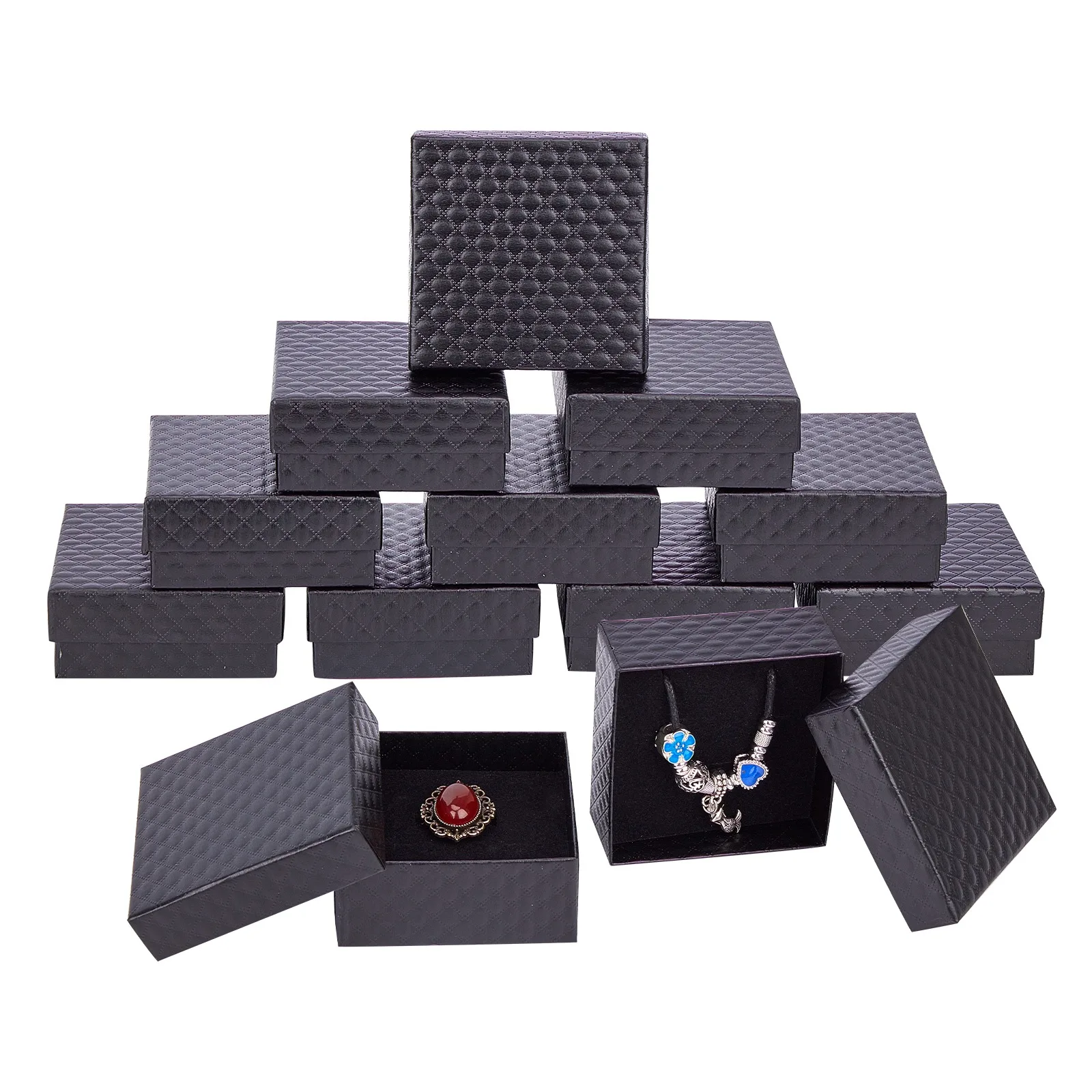 12pçs 7.5x7.5x3.5cm preto vermelho quadrado caixas de joias de papelão para pingente brinco anel joias caixas de presente de dia dos namorados