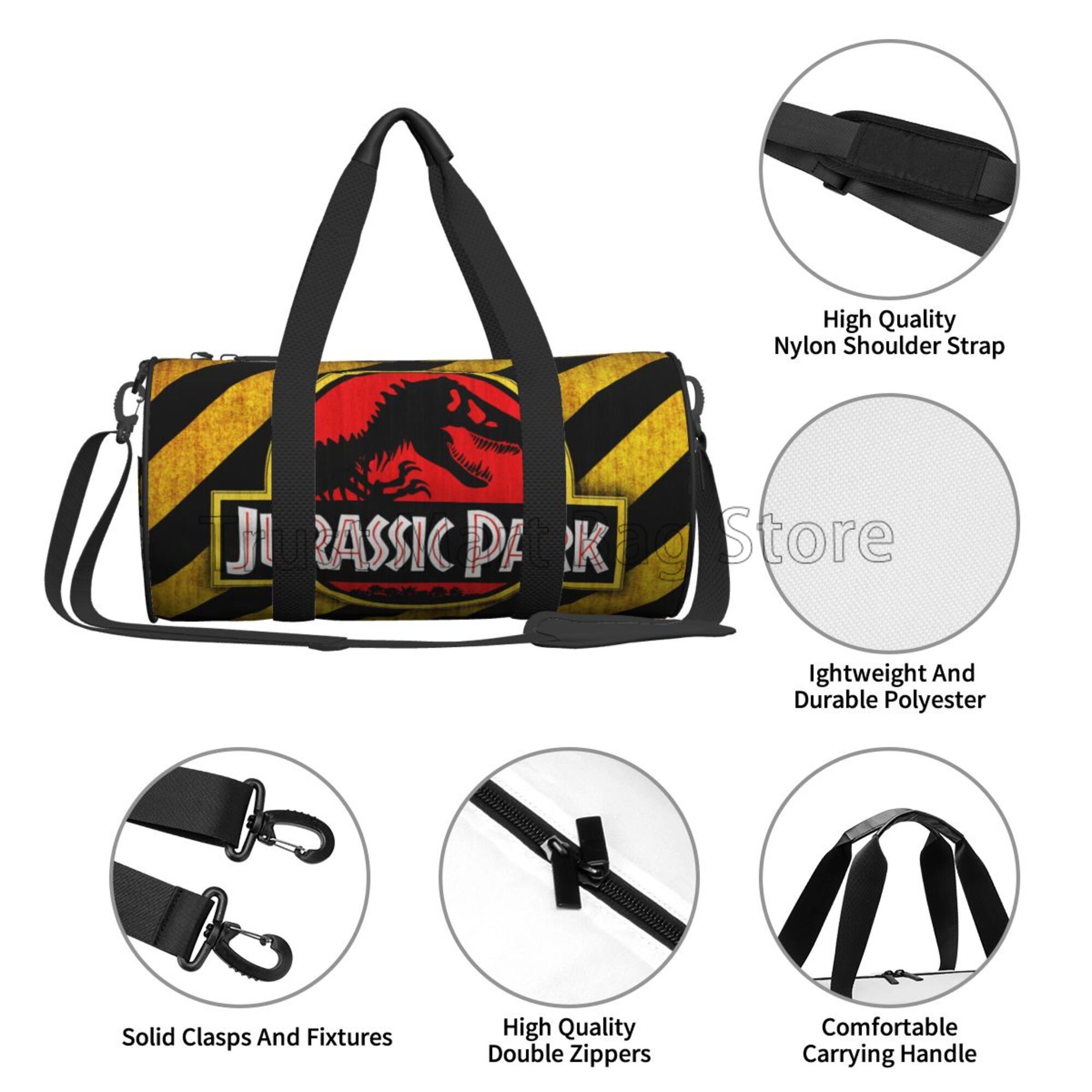 Jurassic Park Bolsa de viagem noturna para fim de semana, sacola de bagagem com zíper para prática, bolsa de viagem de lona para academia e esporte