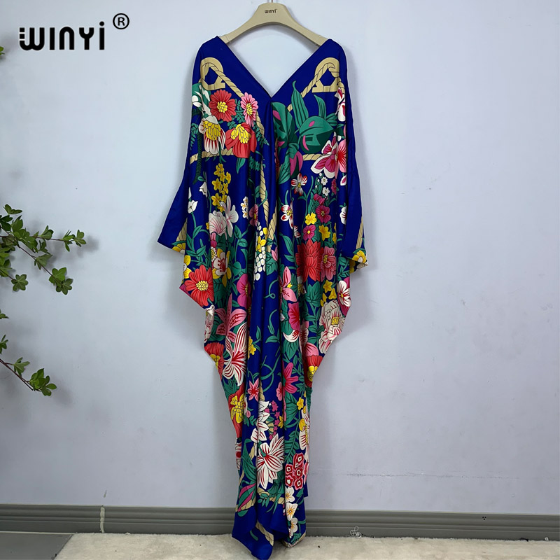 Winyi vestido comprimento: 130cm moda turquia vestidos bohemia impressão abaya feminino maxi kaftan verão cor vestido de noite africano mulher
