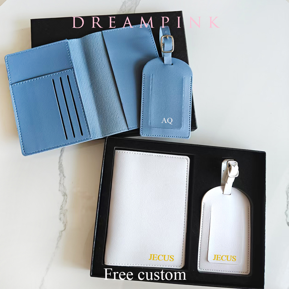 Пользовательские инициалы, держатель для паспорта, набор бирки для чемодана, роскошный персонализированный логотип с именем, подарок, легкий набор дорожных аксессуаров с коробкой