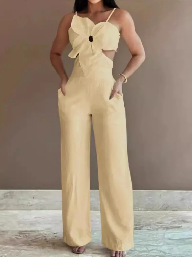 ฤดูร้อนสปาเก็ตตี้แฟชั่นJumpsuitผู้หญิงใหม่ดอกไม้รูปแบบShirred Hollow Out Casualไม่สมมาตรคอBackless Jumpsuits