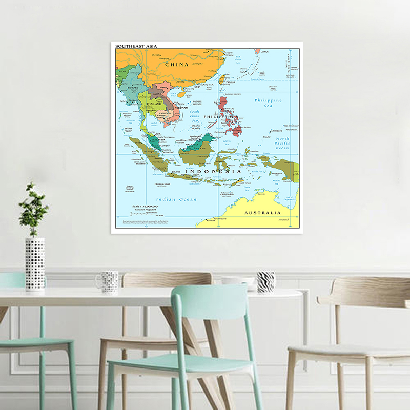 90*90cm The Southeast Asia Map In English Non-woven Canvas Painting Unframed Poster Home Decoration School Classroom Supplies