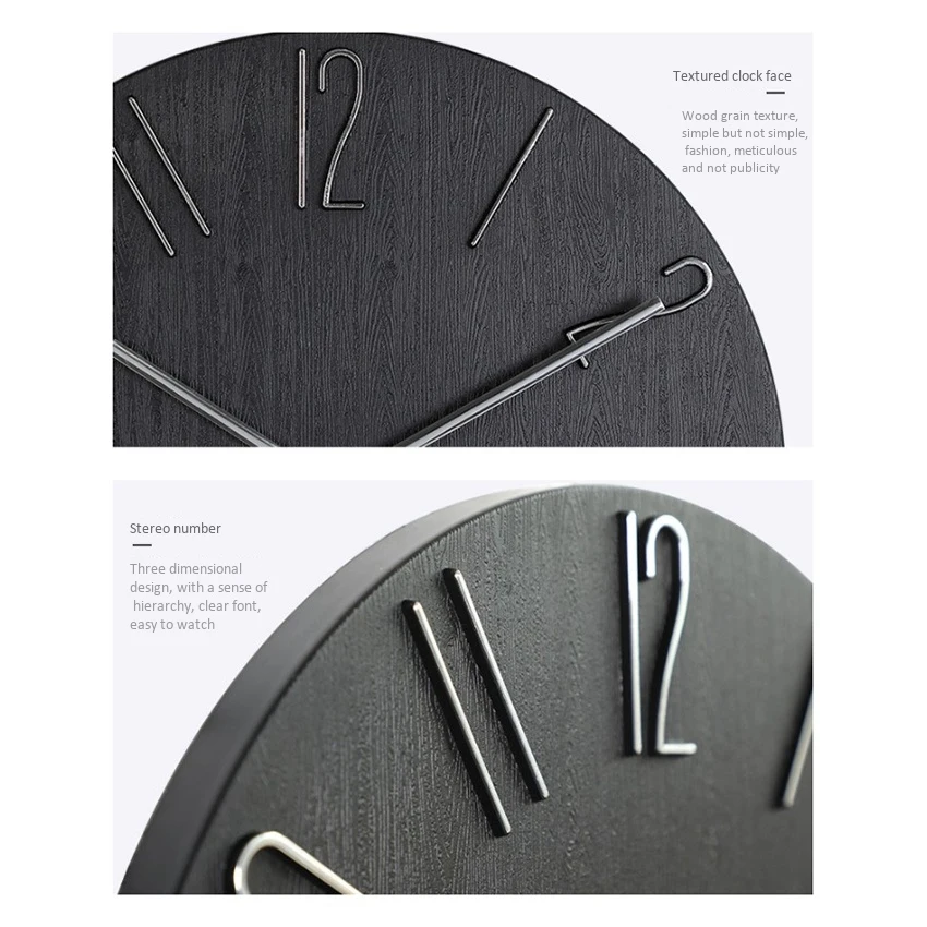 BABQ Simple Wall Clock 12 นิ้วห้องนั่งเล่นนาฬิกาแขวนบ้านนาฬิกานาฬิกาแฟชั่นนาฬิกาแขวนห้องนอน-สีดํา