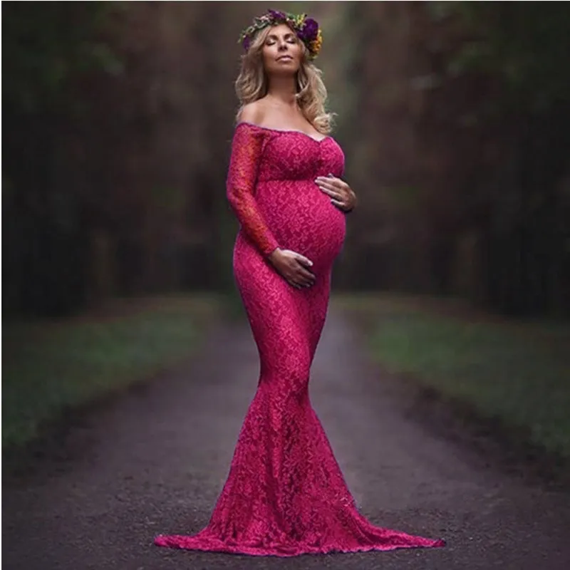 2025 Mermaid Maternityชุดสําหรับถ่ายภาพลูกไม้Maxiชุดคลุมท้องปิดไหล่เซ็กซี่ผู้หญิงชุดการตั้งครรภ์การถ่ายภาพProp