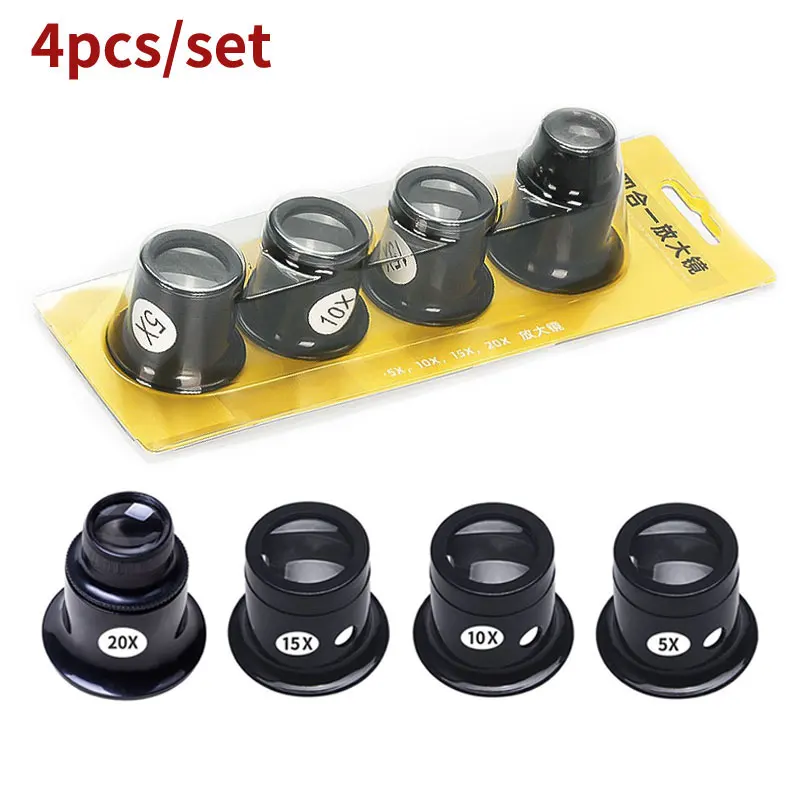 4pcs/set Monocular Magnifying Glass Watch Repair Eye Loupe Magnifiers 5X 10X 15X 20X Lens Jewelry Loupe  Watchmaker Tool Kits