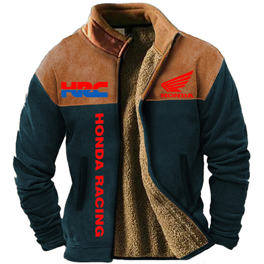 ​​Honda Ethnic Retro Style: Men's Winter Wool Jacket - Windproof Warm Riding Wear for Outdoor Motorcycle Enthusiasts
