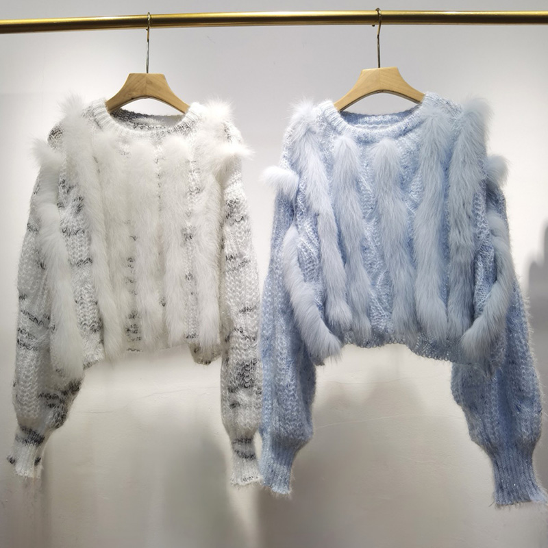 Real Fox Fur Stripe Knitted Short Pullover Sweater Long Sleeve O-neck Women Pull Jumpers Female Fur Trim Sweaters