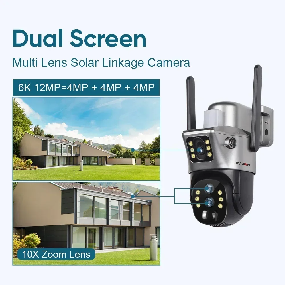 LS VISION-cámara Solar de doble pantalla con Zoom de 12MP y 10X para exteriores, 6K, 4G/WiFi, tres lentes, seguimiento automático humano, cámaras de seguridad, aplicación V380 Pro