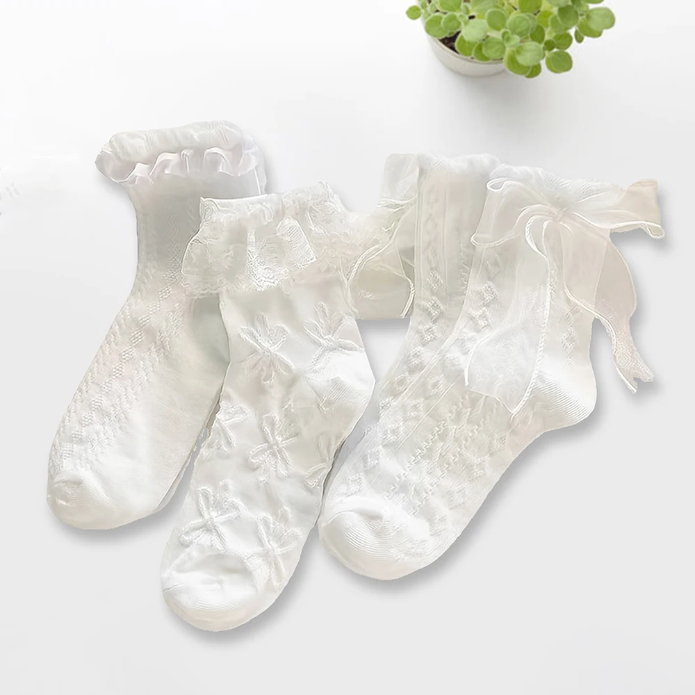 6 pares de calcetines de mujer sólido negro blanco Lolita encaje volantes calcetines verano fino estilo japonés Kawaii dulce niñas calcetines cortos