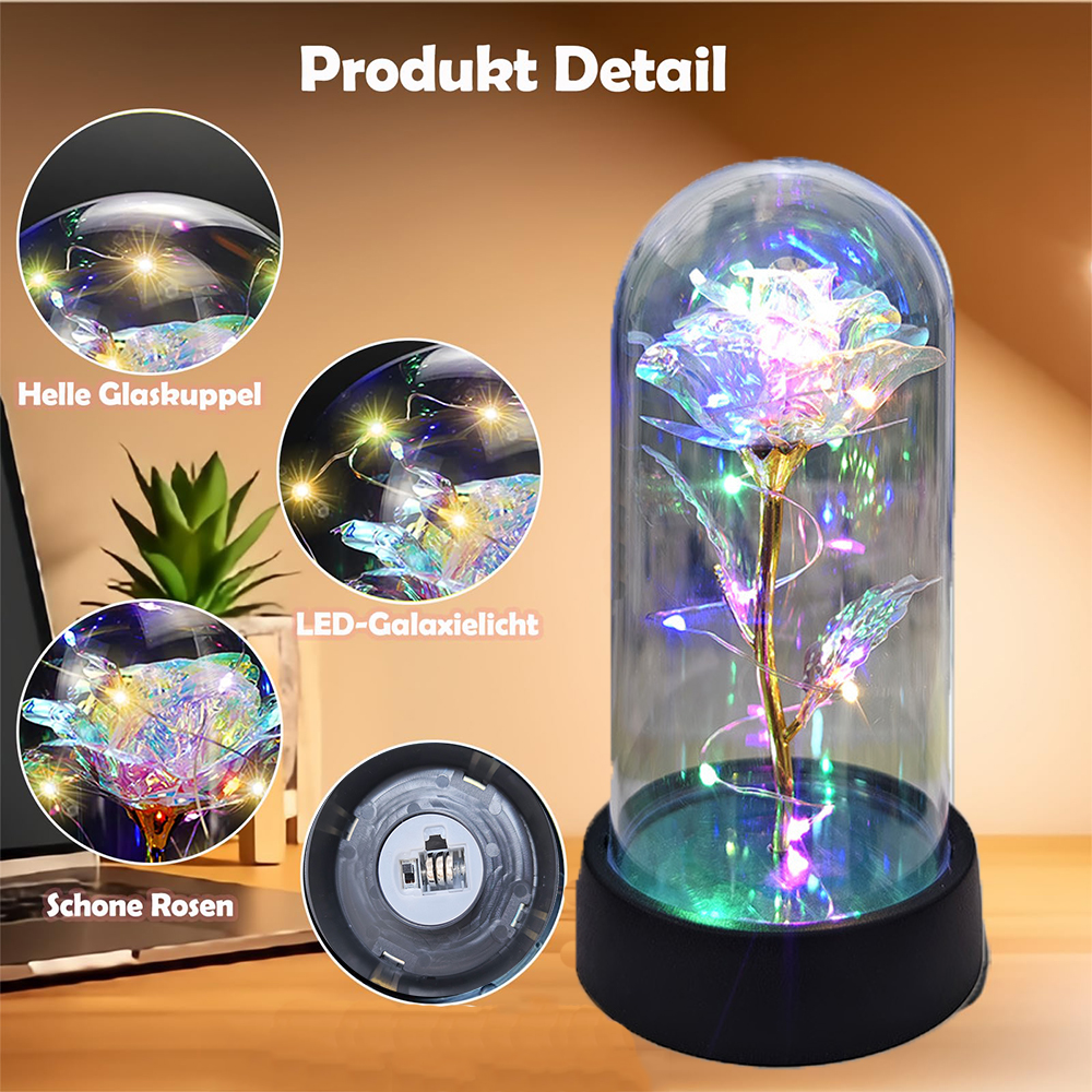 Flor de vidro artificial com rosa eterna da luz led para mulheres beleza e fera rosa presentes de aniversário para meninas natal