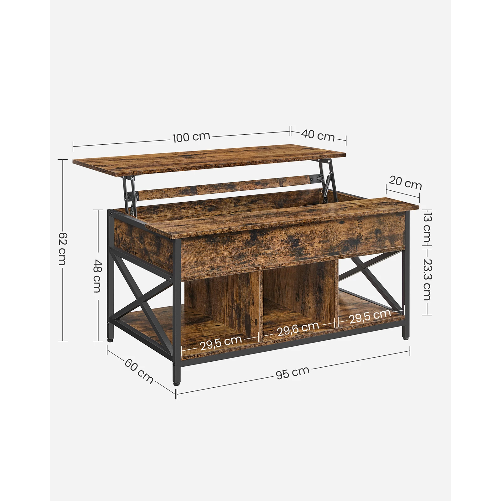 VASAGLE Table Basse, Table de Salon avec Plateau Relevable, avec Rangement Ouvert et Compartiment Caché, Barres en Forme de X, 60 x 100 x (48-62) cm