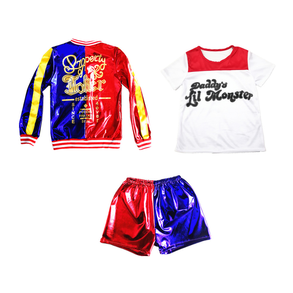 Nuevo Carnaval niños niñas suicidio Harley disfraces Cosplay Quinn Squad Monster chaqueta camiseta pantalones cortos traje ropa de Navidad