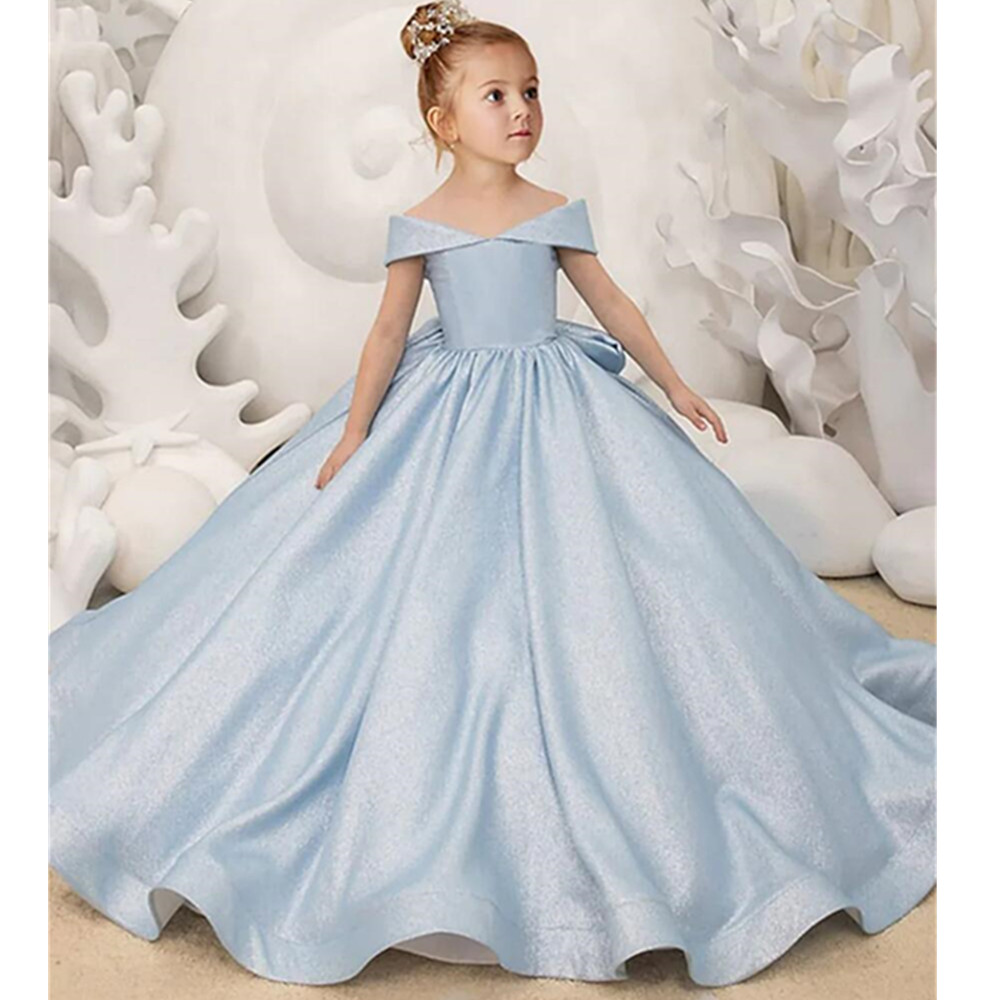 Hellblaue Blumenmädchenkleider mit einfacher Schleife, elegantes Prinzessinnen-Satin-Ballkleid für Kindergeburtstagsfeier, Erstkommunionkleid