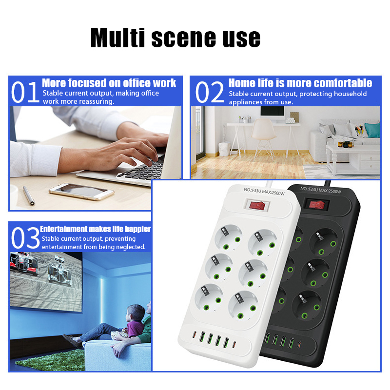 Presa CA con presa europea Multipresa multipla Cavo di prolunga da 2 m Presa elettrica con porte USB di tipo C Filtro di rete per ufficio domestico