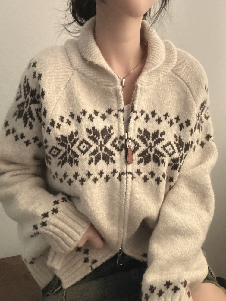 Casaco de Suéter Tricotado Estilo Universitário com Zíper Duplo, Ajuste Solto, Gola Virada, Novo Lançamento F para o O...