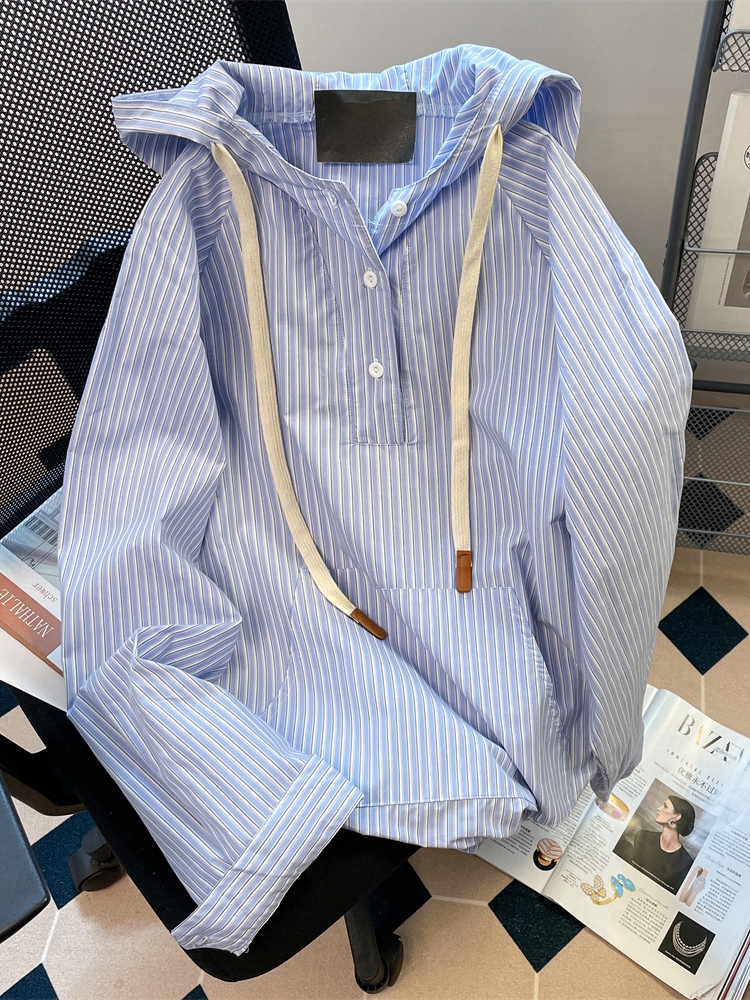 Japoński styl Niebieskie koszule z kapturem w paski Kobiety Mężczyzna Wiosna Jesień Długie rękawy Luźne Casualowe bluzy z kapturem Vintage Dopasowane topy płaszczowe