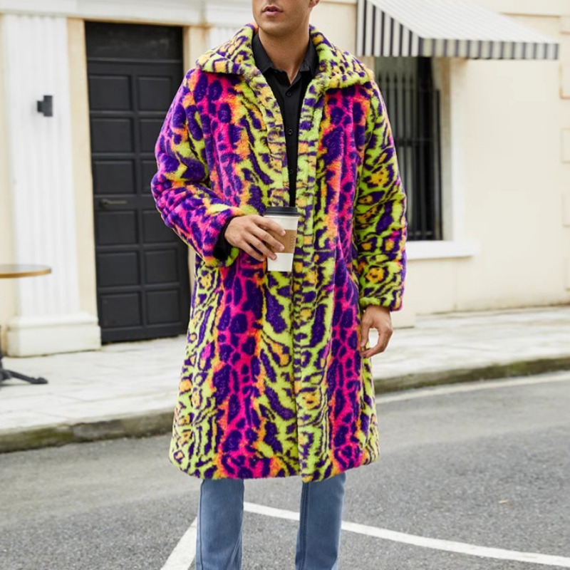 Kontrastierender Mantel aus Kunstpelz mit Leopardenmuster, warmer Herbst- und Wintermantel für Herren