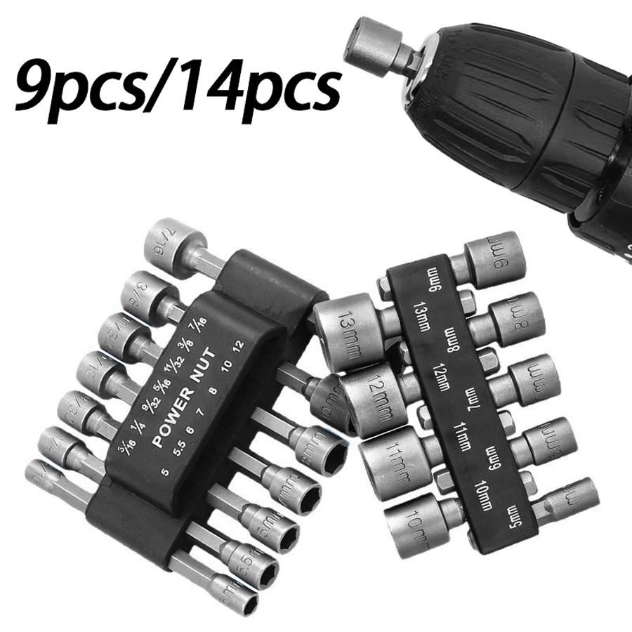 Juego de fundas de 9 piezas/14 piezas, forjado de acero al cromo vanadio, accesorios de herramientas eléctricas, funda de lote de viento eléctrico métrico e imperial