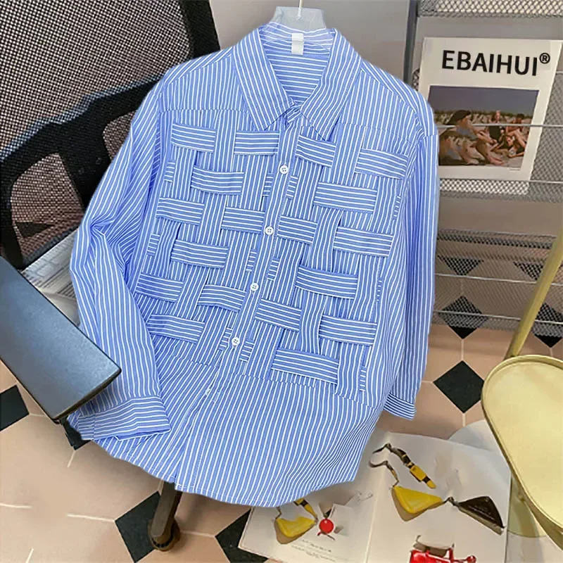 EBAIHUI, camisas lisas con agujeros para mujer, solapa, manga larga, cintura suelta, blusa de retales a la moda, camisa informal elegante de poliéster para mujer 2024