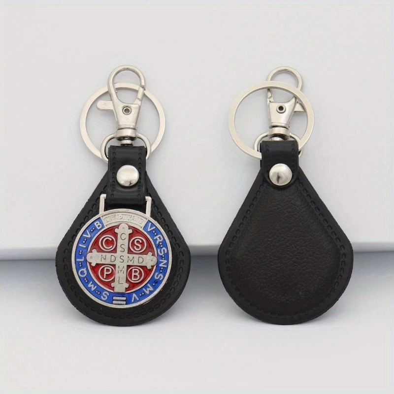 2pcs PU Leather St Benedict Pendant Key Chain Keyring Religious Jesus St. Benedict Keychain Women Men Catholic Baptism Jewelry