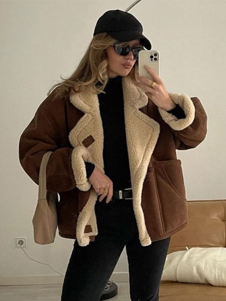 Vintage Faux Leder Warme Mantel Dicken Flauschigen Spleißen Großen Revers Mäntel Weibliche Lange Hülse Oberbekleidung Winter Dame Straße Jacken
