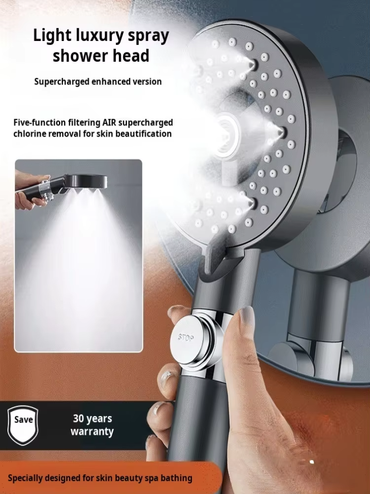 Cabezal de ducha presurizado purificador DeChlorine Spray cabezal de loto cabezal de ducha con rociador 6 modos filtro ajustable ducha parada de una tecla