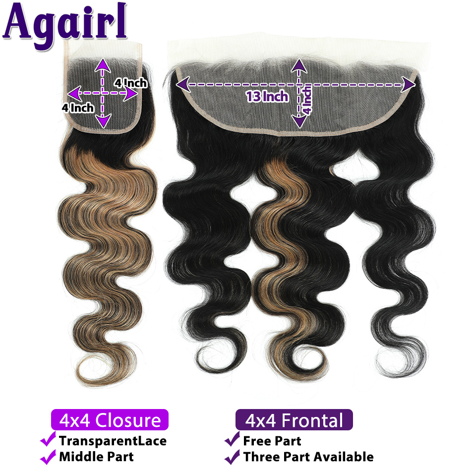 Extensiones de cabello humano brasileño con cierre, mechones ondulados de encaje Frontal, Rubio, 1B/27, 13x4