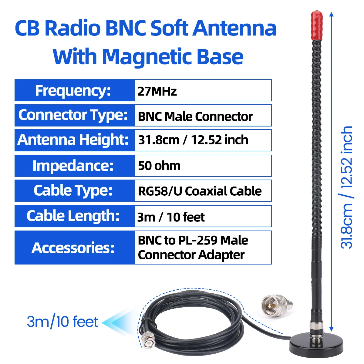 ABBREE CB-Funkantenne, 27 MHz, hohe Verstärkung, SMA-Buchse, BNC-Peitschenantenne für Quansheng TK11 RT-880G UV-88 UV-98 Plus Walkie Talkie
