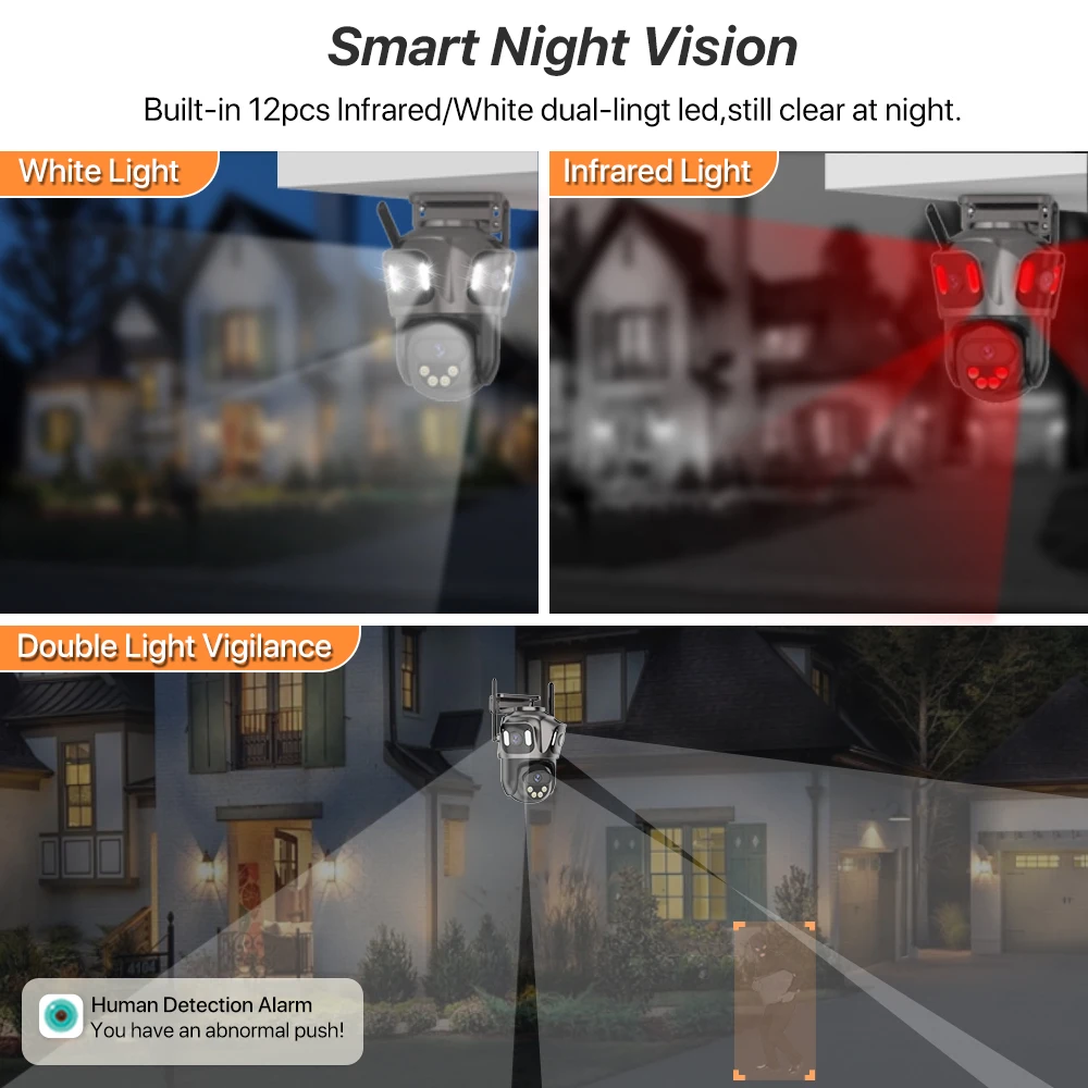 Drie lenzen buiten 4K HD WIFI IP-camera PTZ-camera met drie schermen Ai Menselijke detectie IP66 Waterdichte CCTV-videobewaking iCsee