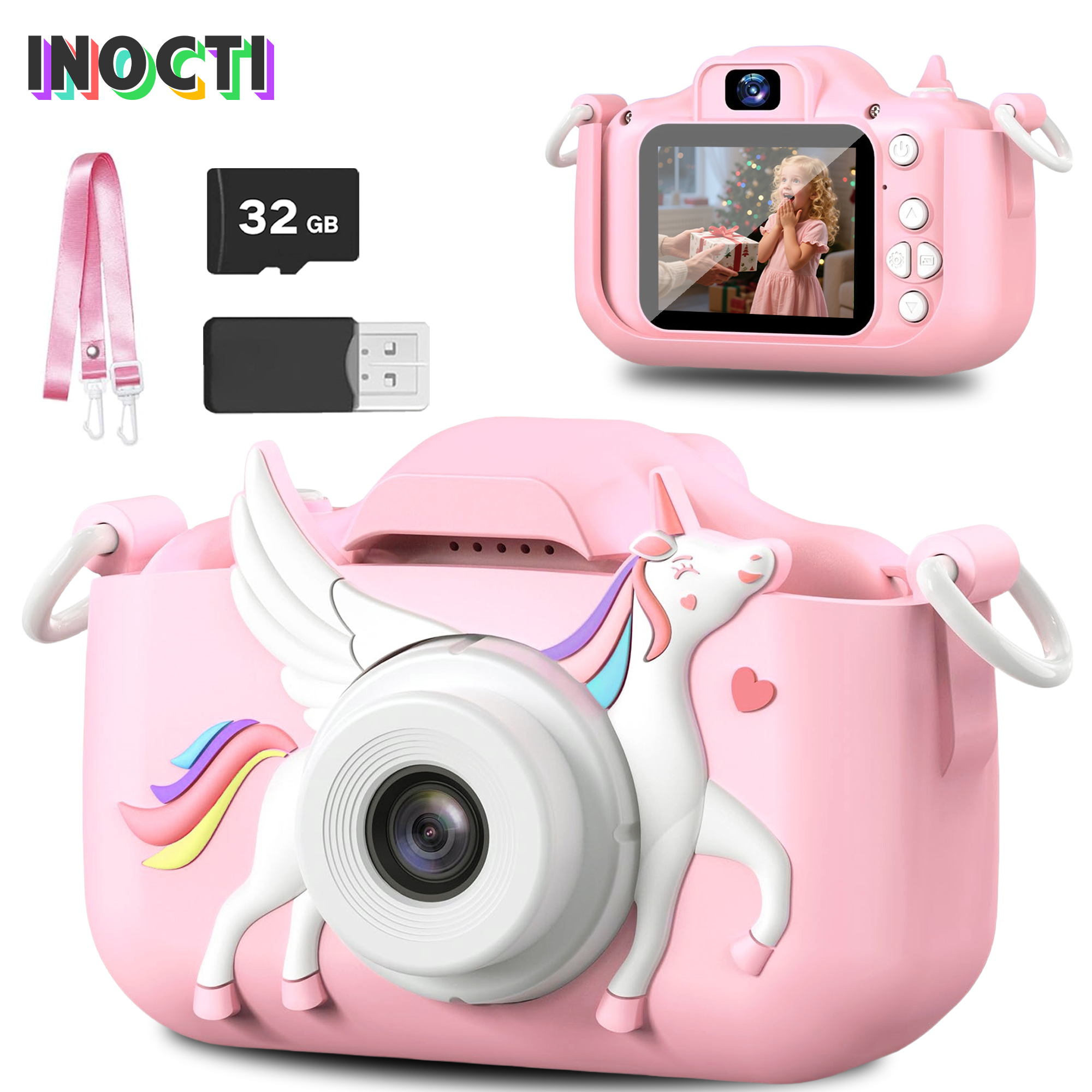 INOCTI Appareil photo numérique pour enfants, caméra vidéo pour tout-petits, double objectif HD 1080P, pour filles de 3 à 12 ans, cadeaux de noël et d'anniversaire, jouets