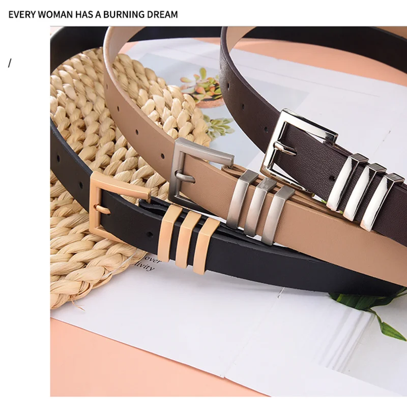 2023 ใหม่แฟชั่นSilver Square Pin Buckleเข็มขัดผู้หญิงสีดําสีน้ําตาลหญิงเข็มขัดสุภาพสตรีชุดกางเกงยีนส์ปรับเข็มขัด