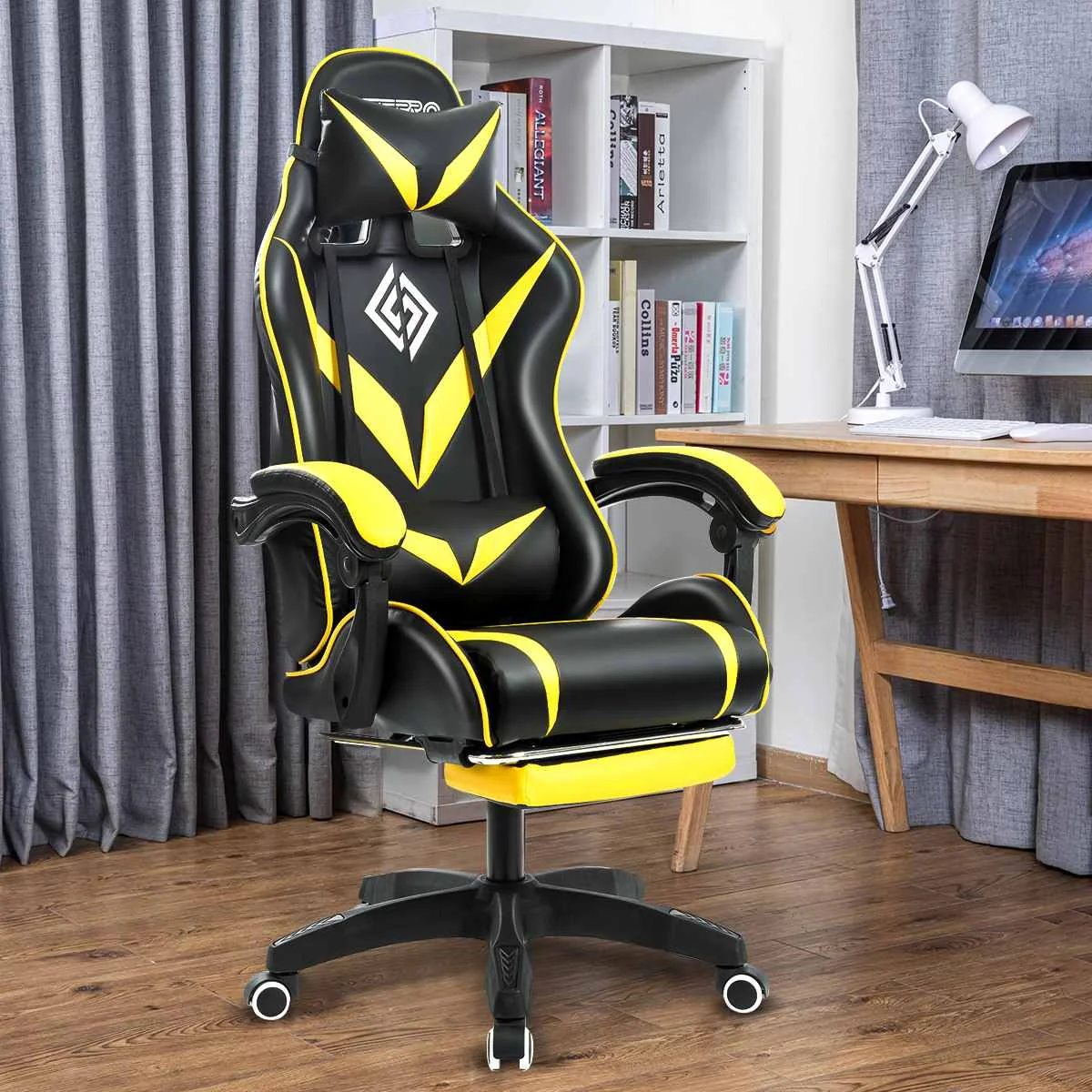 Sedia da gioco ergonomica con massaggio e poggiapiedi Massaggio Supporto lombare Schienale alto, Sedia da gioco per sport elettronici