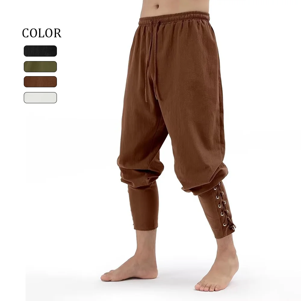 Primavera verão masculino vintage medieval viking algodão linho calças halloween moda vintage bottoms masculinos