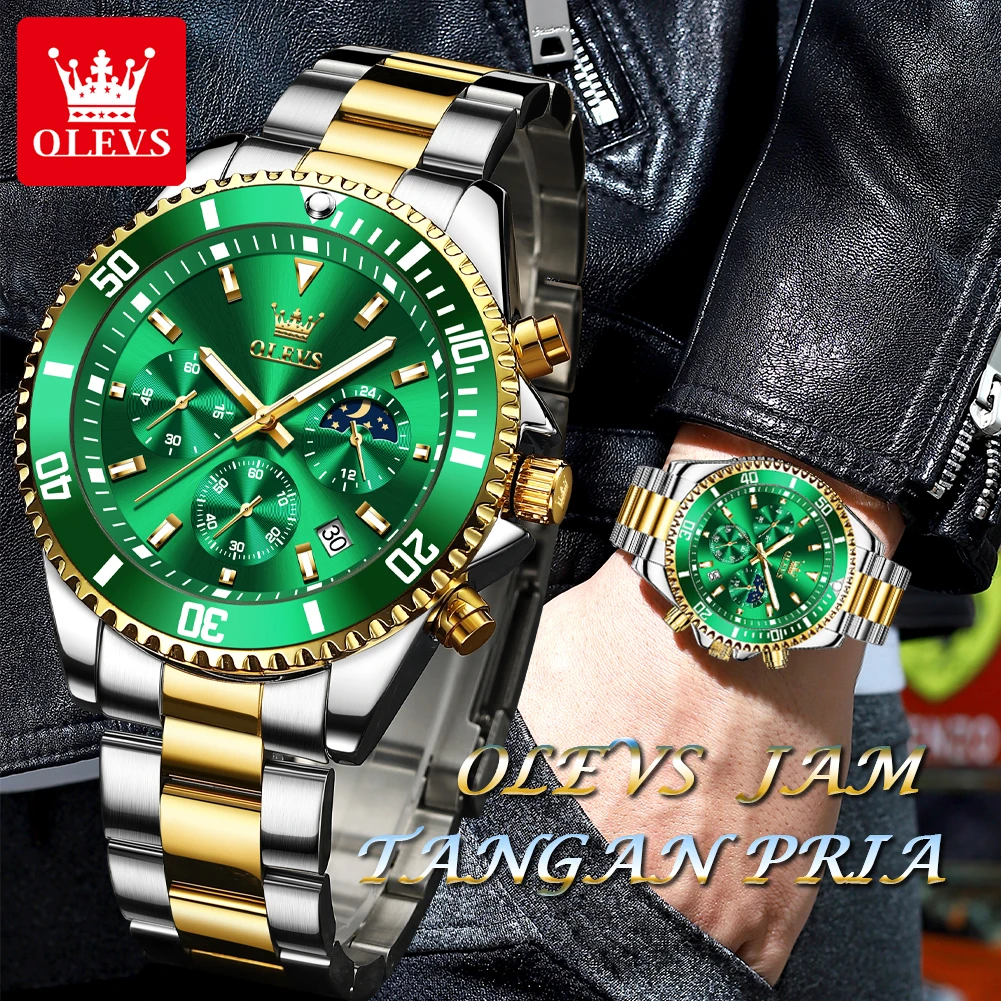 Relojes OLEVS para hombre, relojes de lujo de primeras marcas para hombre, cronógrafo Original resistente al agua de acero inoxidable, fase lunar, fecha, esfera giratoria
