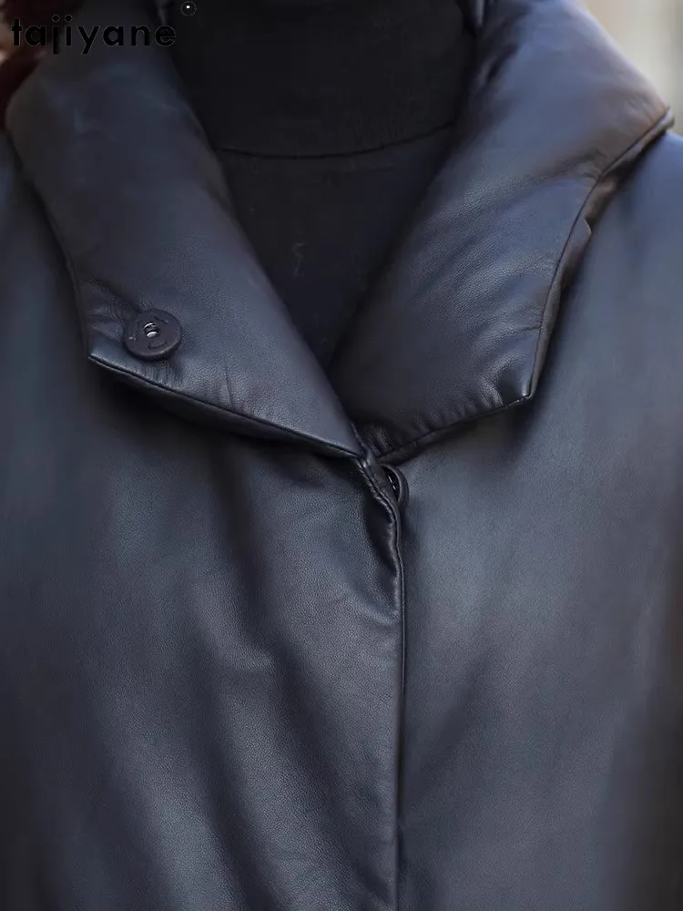 Tajiyane-女性用の本革カジュアルジャケット,白いダックダウンコート,長いシープスキンジャケット,暖かいパーカー,スタンドカラー,冬