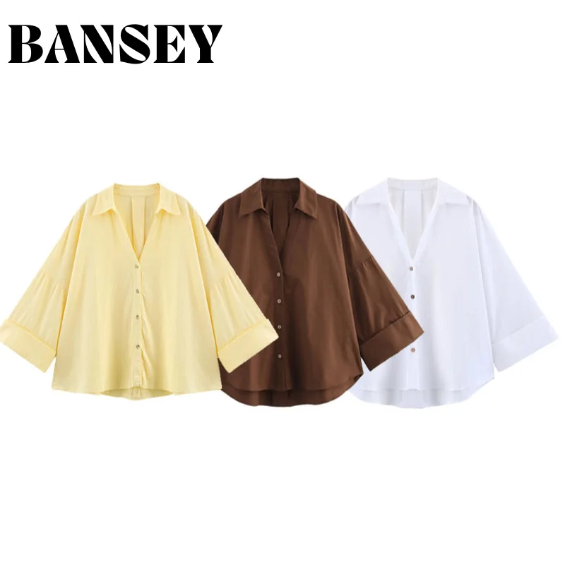 2025 Blusas de mujer de moda primavera/verano: camisas de color sólido con cuello en V de manga larga, ropa de oficina de moda