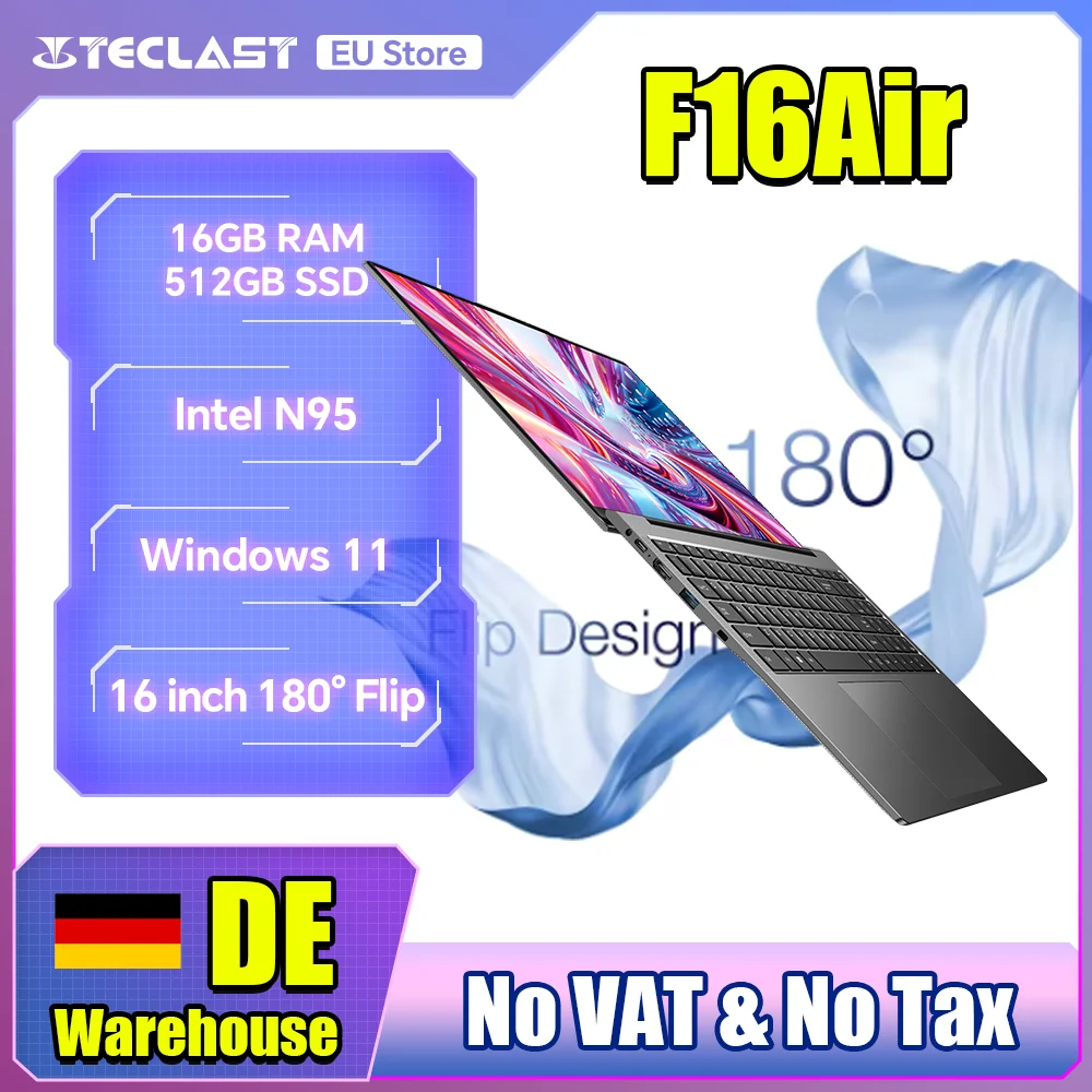 Teclast F16Air 16 pollici 180 °   Flip Laptop 16GB RAM 512GB SSD Intel N95 CPU Windows 11 F16 Air Notebook mini-HDMI Tastiera retroilluminata