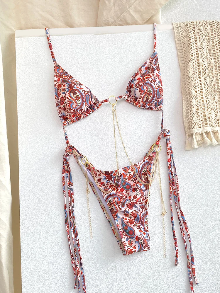 Sexy triângulo correntes conjuntos de biquíni micro tangas maiô feminino biquini bandagem beachwear impressão banho tanga biquíni