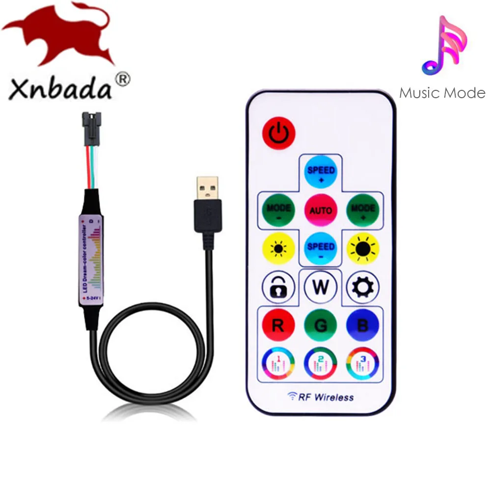 WS2812B WS2811 5050 RGB Dây Đèn Led Ánh Sáng Bộ Điều Khiển Nhạc MINI 17 Phím Điều Khiển Từ Xa RF 370 Chế Độ Thay Đổi DC/USB DC5-24V