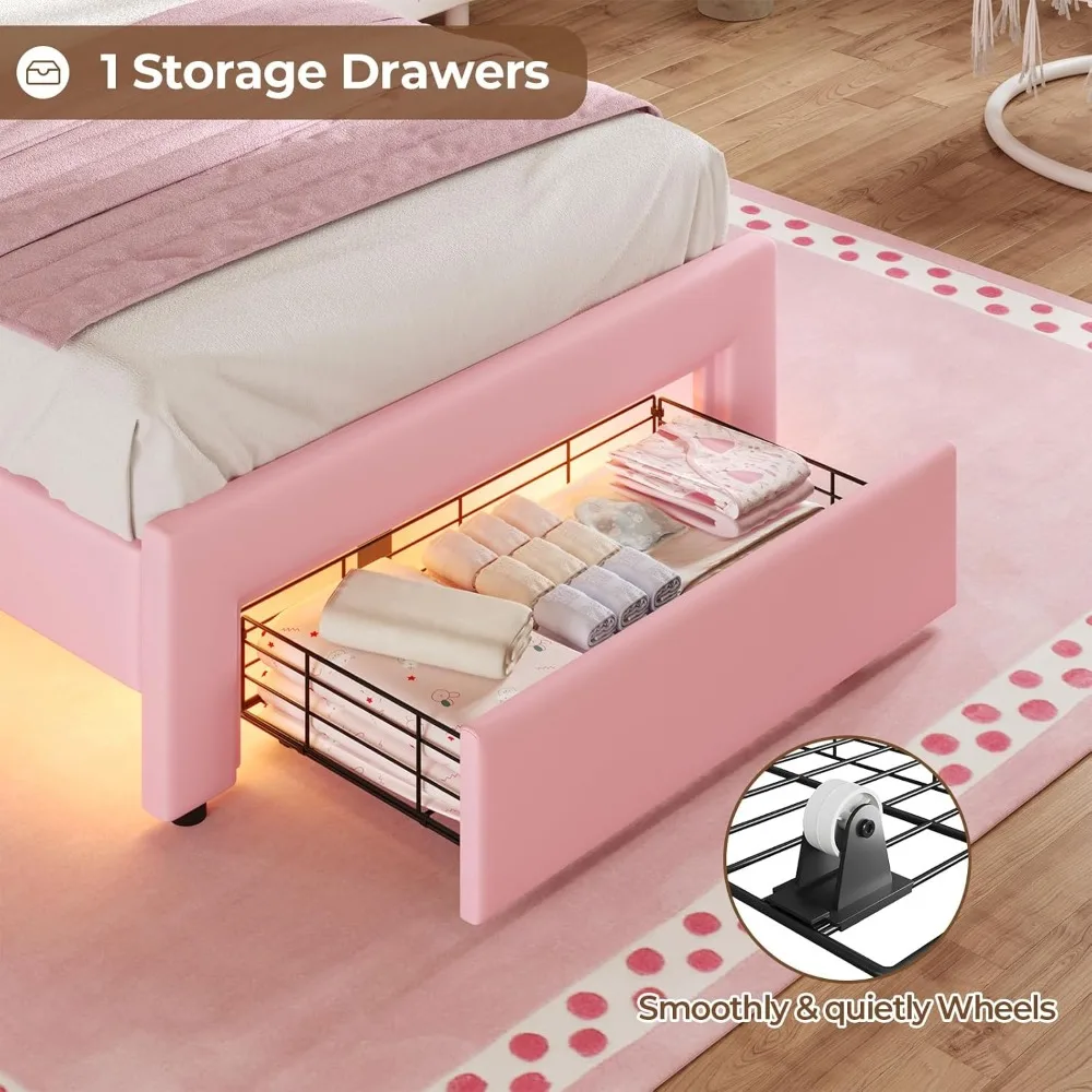 Twin Size Girl Bed with Storage Drawer & LED Lights, Upholstered Platform Bed, Adjustable Headboard with Velvet Crystal Button P