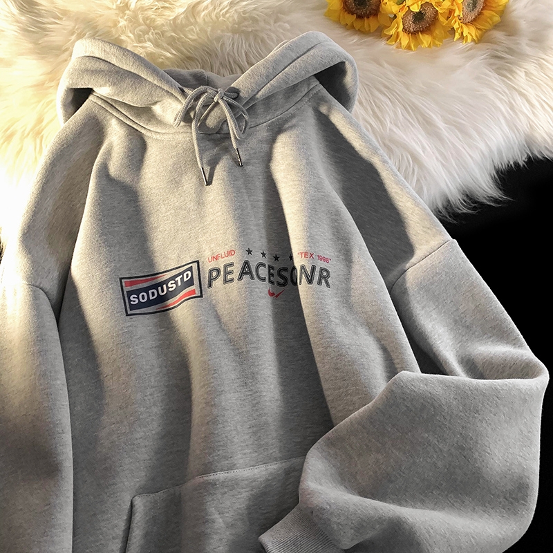 Retro American Fleece Lined Oversized Hoodie Thick Warm Purple Outerwear Loose Comfortable Long Sleeve Cotton Sweatshirt