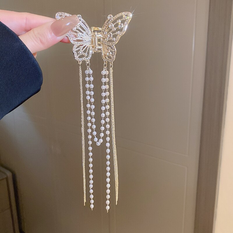 Fermaglio per capelli a farfalla con accessori per capelli lunghi con nappa per donna Elegante forcina per capelli con strass imitazione perla di squalo