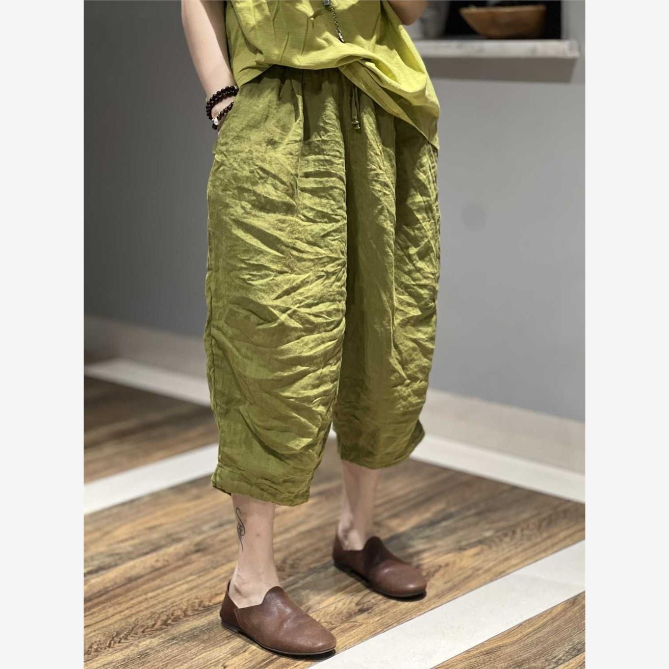 High Waist Cotton Linen Seven-Foot Pants Women Summer Large Size Loose Casual Versatile Thin Medium Length Harlan Pants
