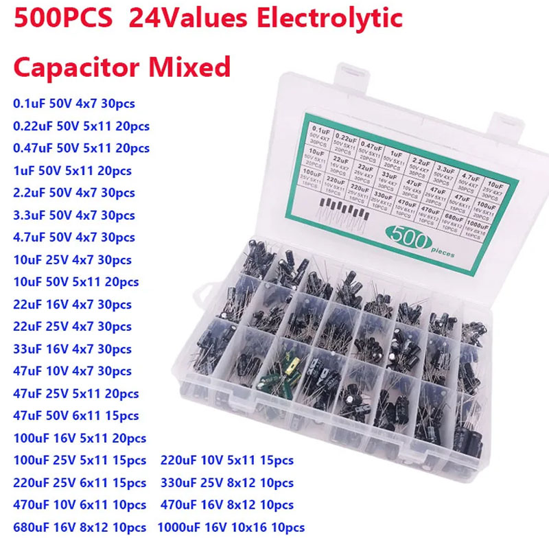 500PCS Electrolytic Capacitor Mixed DIP Electrolyte Capacitors 10V 16V 25V 50V Electronic Kit 0.1uF-1000uf 24Values elektronika