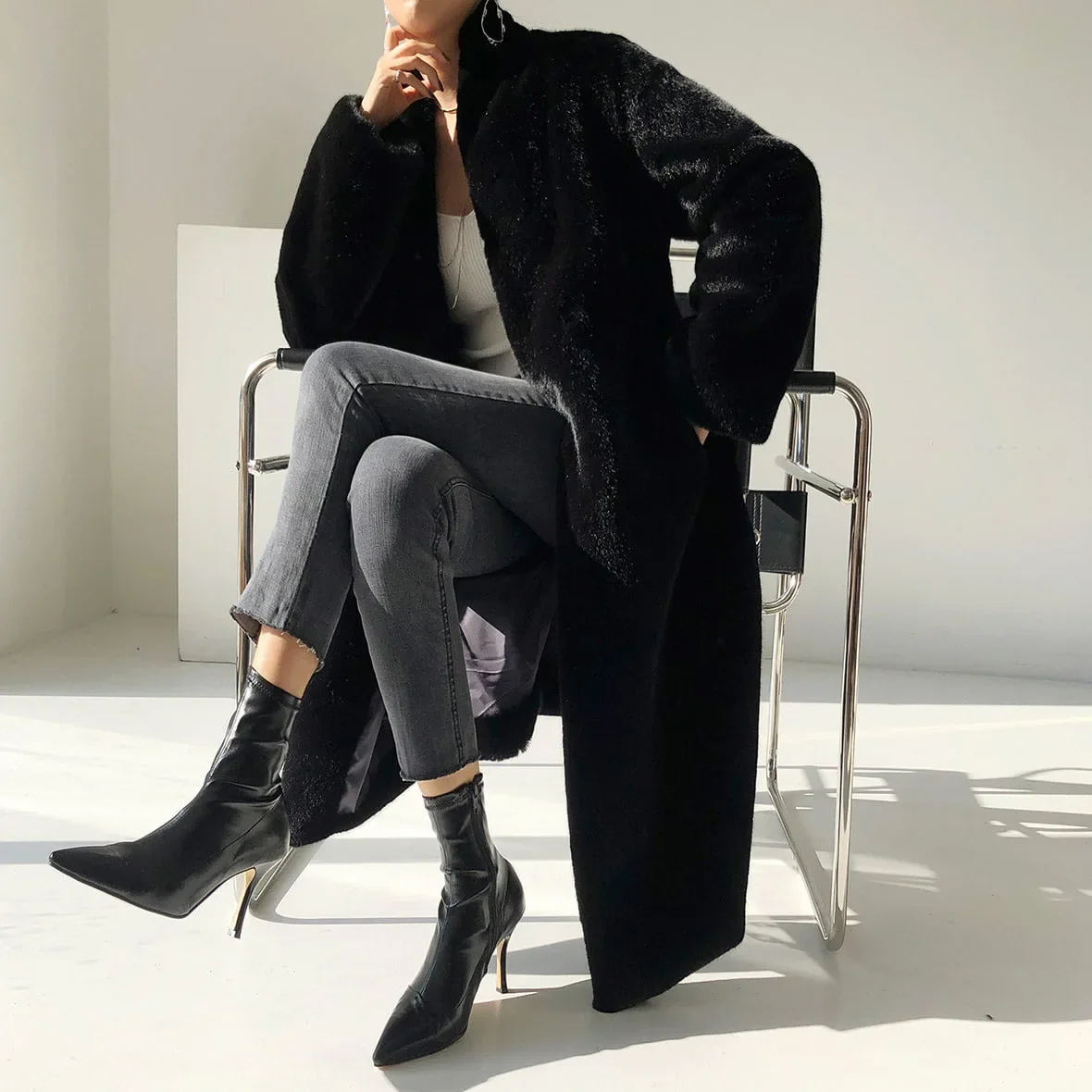 ผู้หญิงฤดูใบไม้ร่วงฤดูหนาวตุ๊กตาสีดําแขนยาวหลวมเสื้อสเวตเตอร์ถักกระเป๋า WARM Outwear