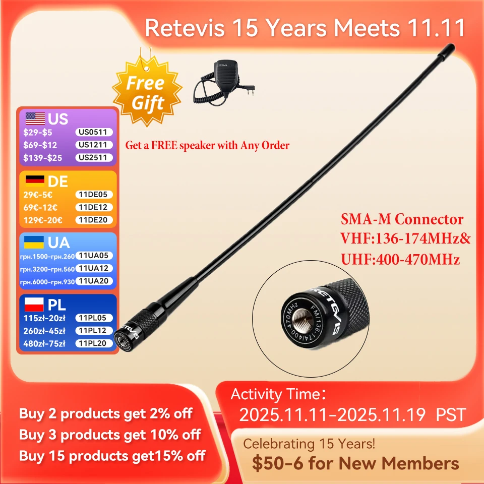 Retevis RHD-771 RT3S Antenas de rádio amador SMA-M Masculino VHF UHF Whip Antenas para Retevis RT3S RA89 HA1UV H777 Baofeng UV3R TYT