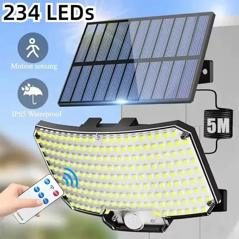 234 luces LED solares para exteriores, luces de seguridad con Control remoto, luces de pared con Sensor de movimiento, luces de inundación gran angular impermeables