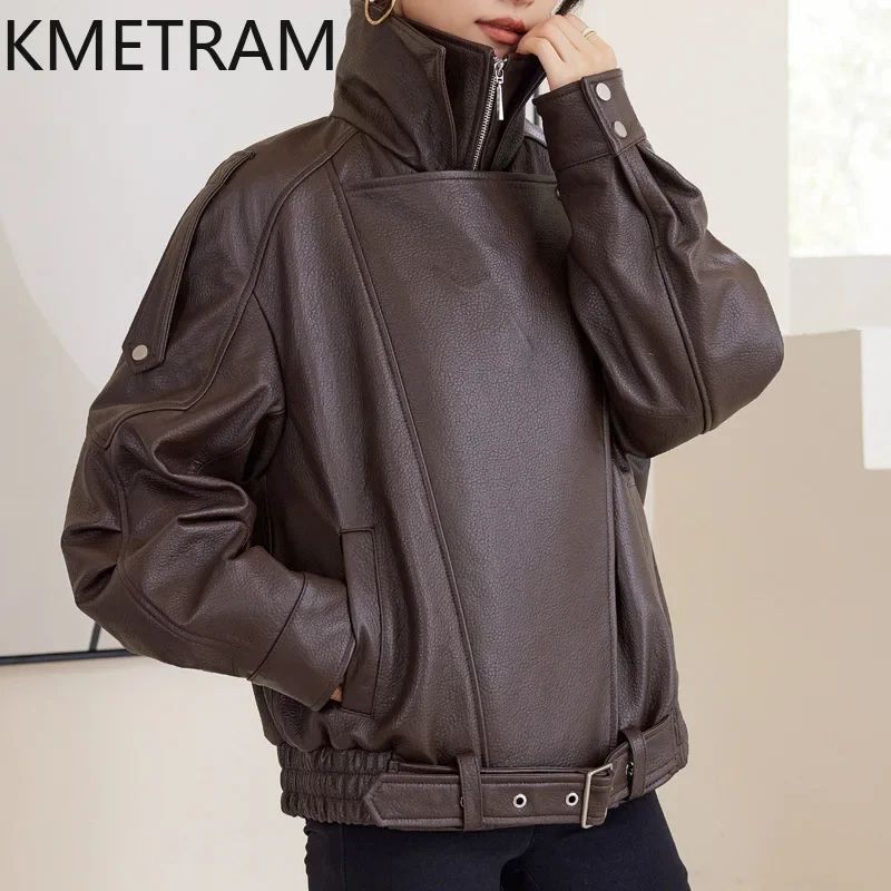 100% Sheepskin จริงหนังแจ็คเก็ตผู้หญิงฤดูหนาวเสื้อผ้า Cropped แจ็คเก็ตรถจักรยานยนต์คุณภาพสูง Outerwears 2024бка